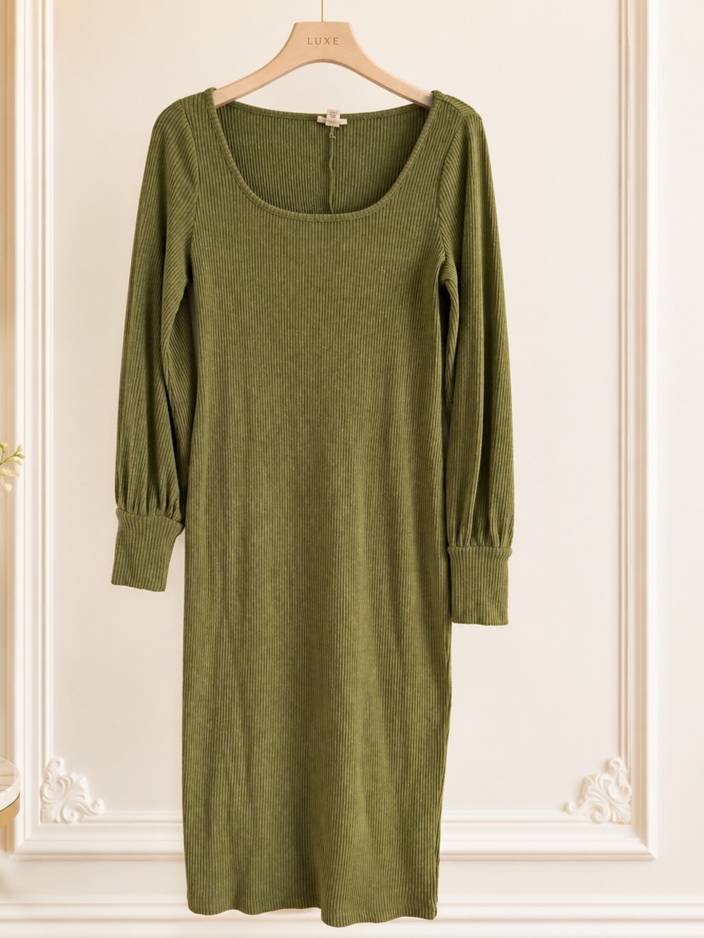 A.n.a Olive Ribbed Long Sleeve Scoop Neck Dress